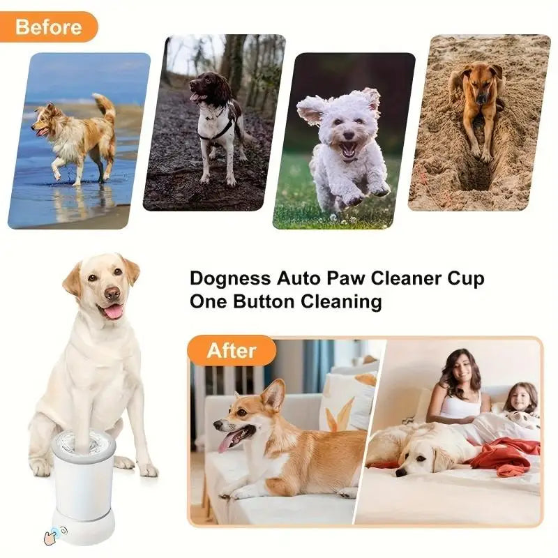 pettechhair Dogness Auto Paw Cleaner Cup showing dogs before and after one button paw cleaning