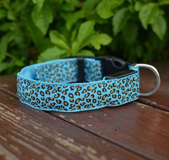 Blue leopard print adjustable nylon dog collar with metal D ring and quick release buckle by pettechhair