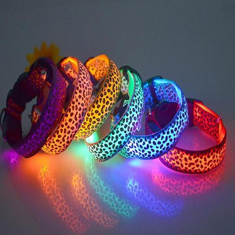 Pettechhair LED light up leopard print dog collars in multicolor glowing nylon with buckle for nighttime visibility