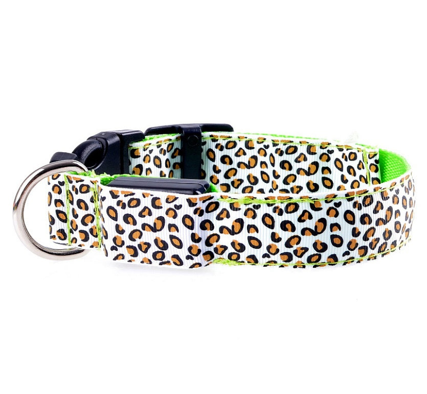 pettechhair leopard print dog collar with neon green lining adjustable buckle and metal D ring