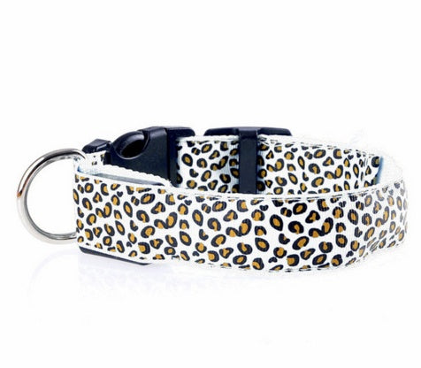 Pettechhair white leopard print dog collar with metal D ring and quick release buckle