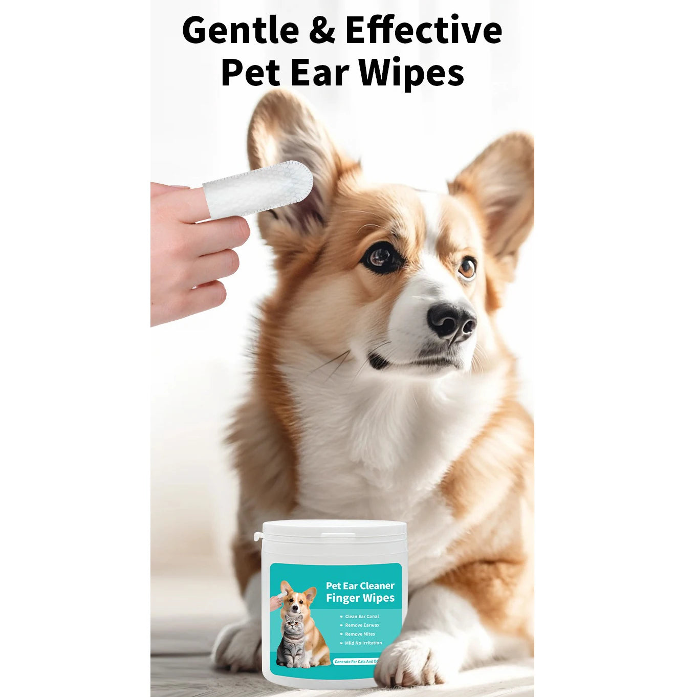 Pet ear wipes container and finger wipe cleaning a corgi ear showing gentle effective pettechhair ear cleaner