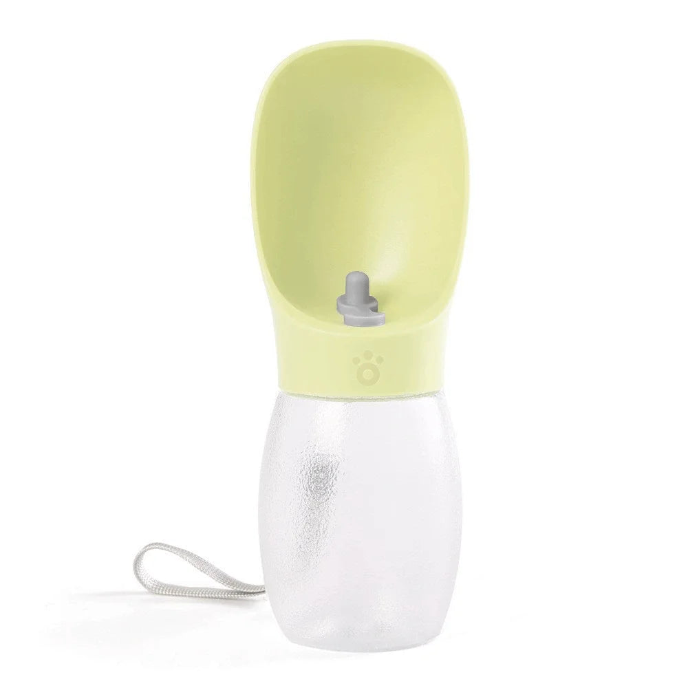 Pettechhair portable dog water bottle with attached green drinking scoop and clear reservoir for travel