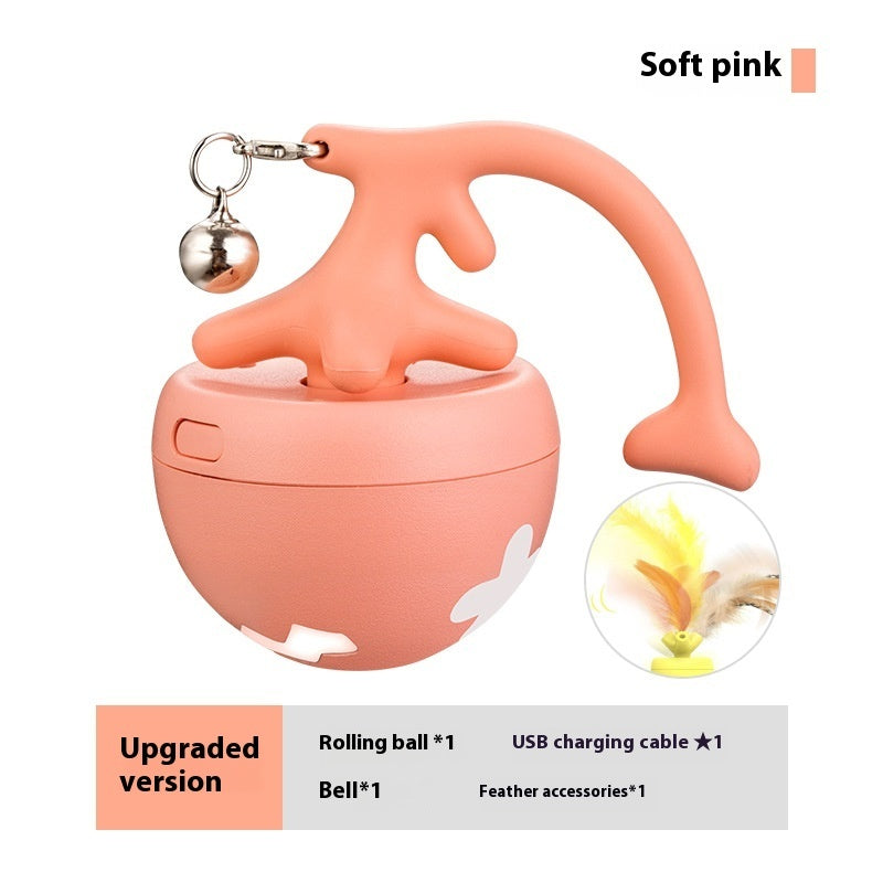 Soft pink pettechhair cat toy rolling ball with dangling bell and feather attachment USB rechargeable