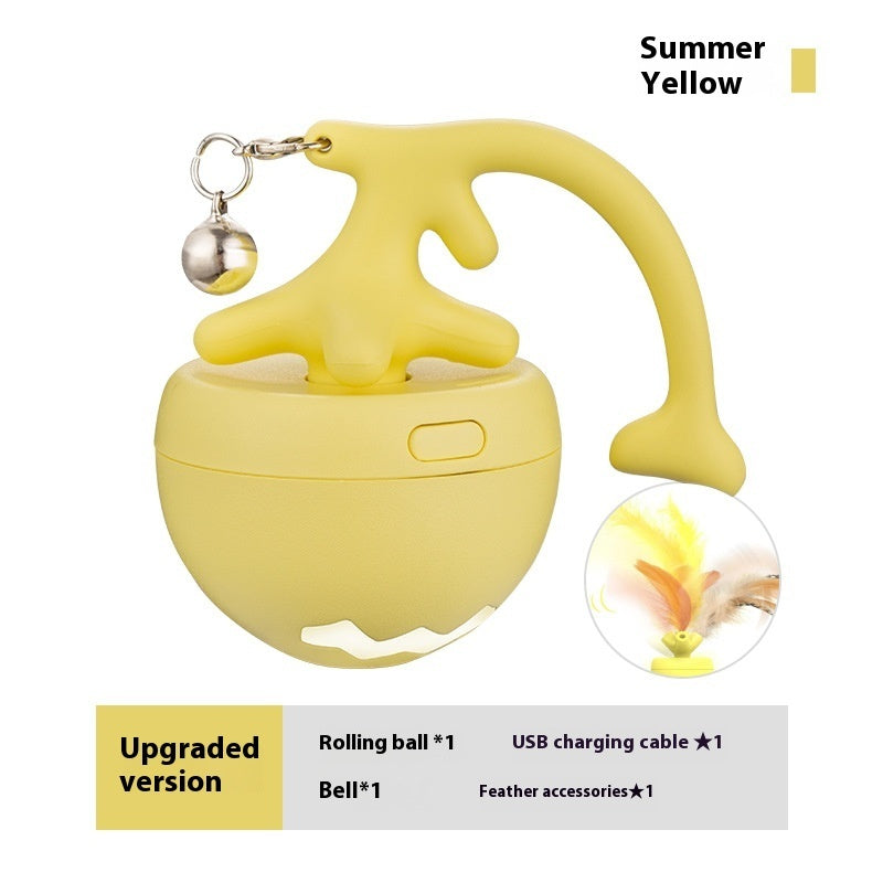 Pettechhair summer yellow USB rechargeable interactive cat toy rolling ball with bell and feather attachment