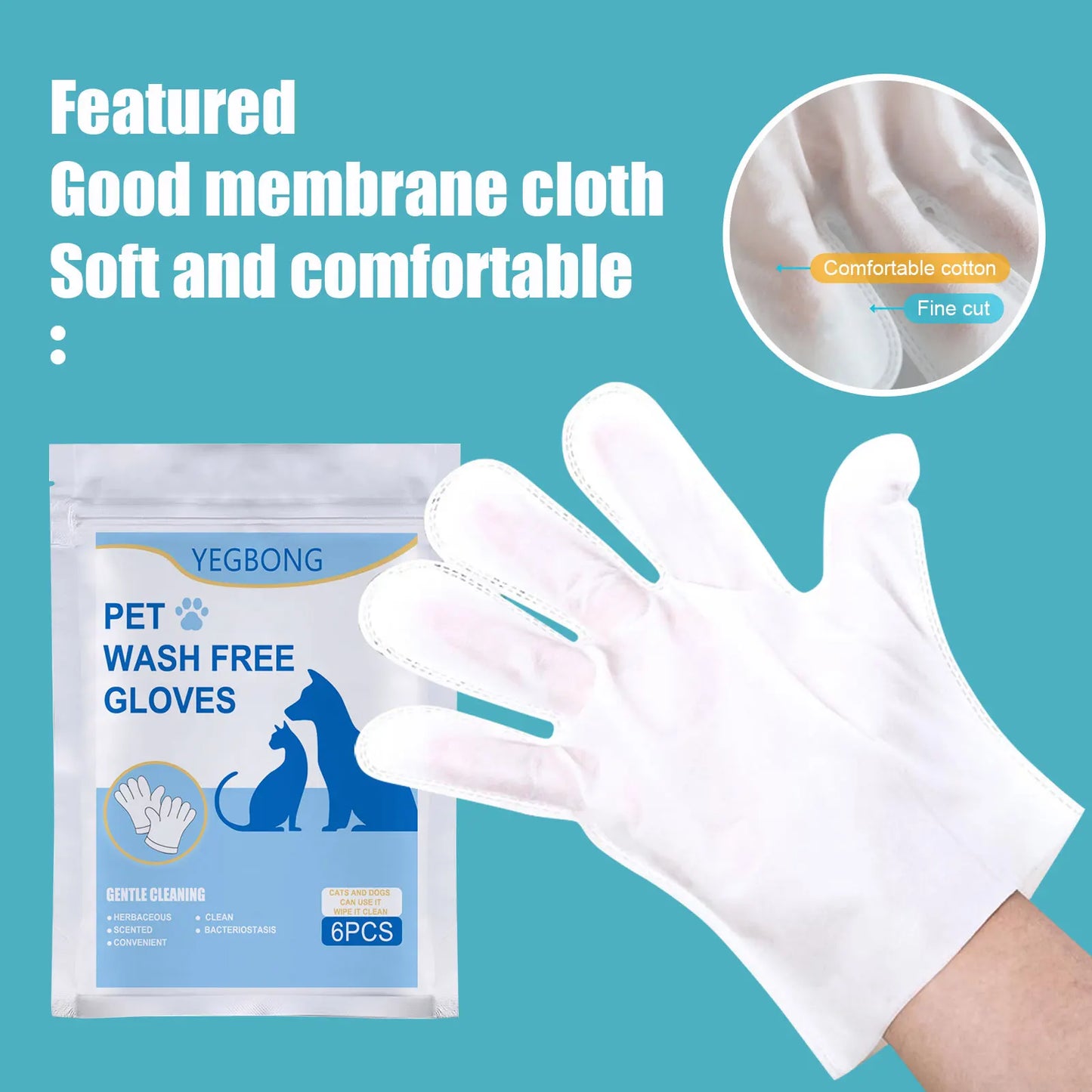 Pettechhair pet wash free gloves white fabric glove on hand with pouch packaging highlighting soft membrane cloth