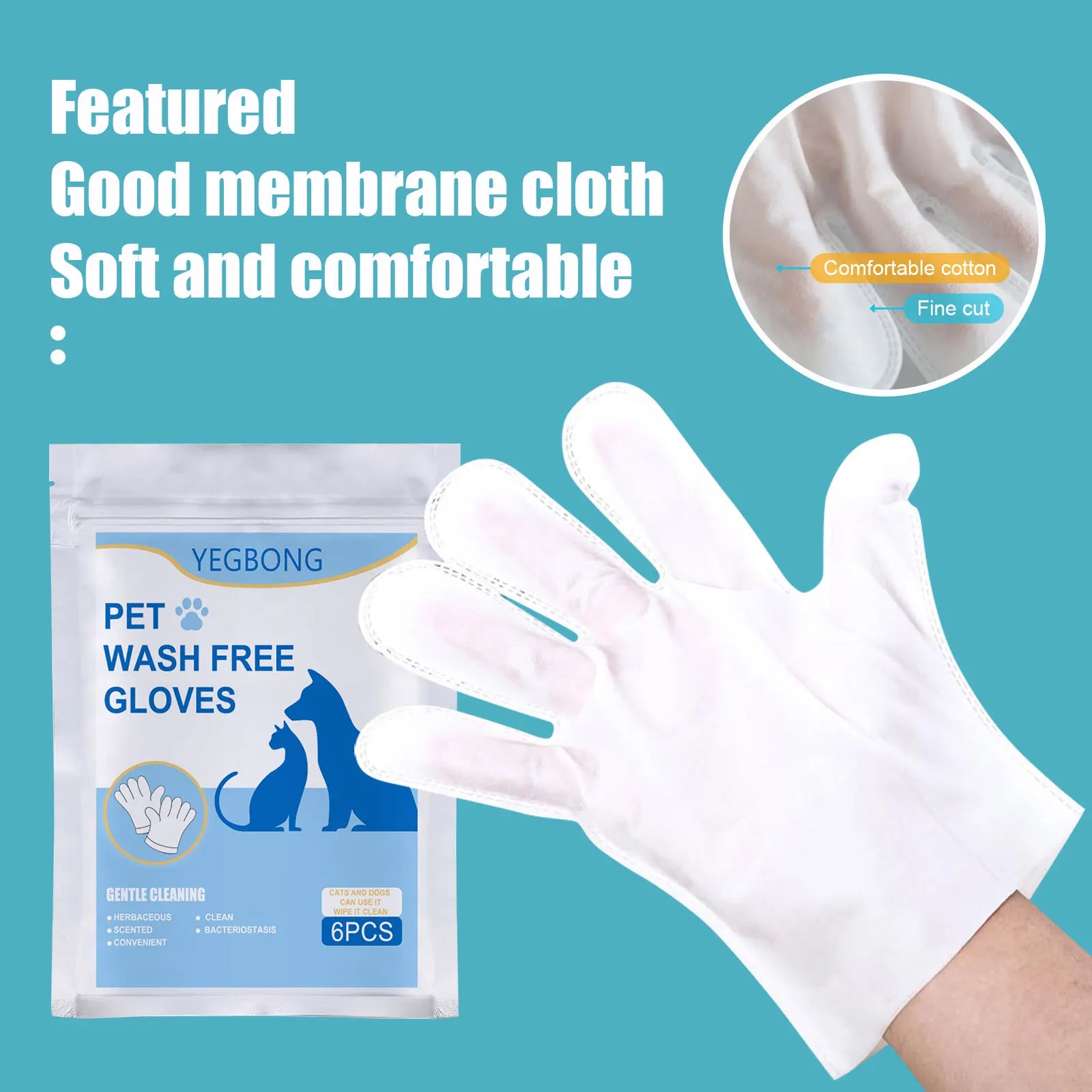 Pettechhair pet wash free gloves white fabric glove on hand with pouch packaging highlighting soft membrane cloth
