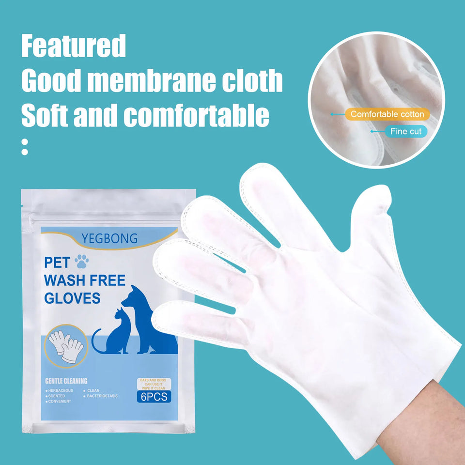 Pettechhair pet wash free gloves white fabric glove on hand with pouch packaging highlighting soft membrane cloth
