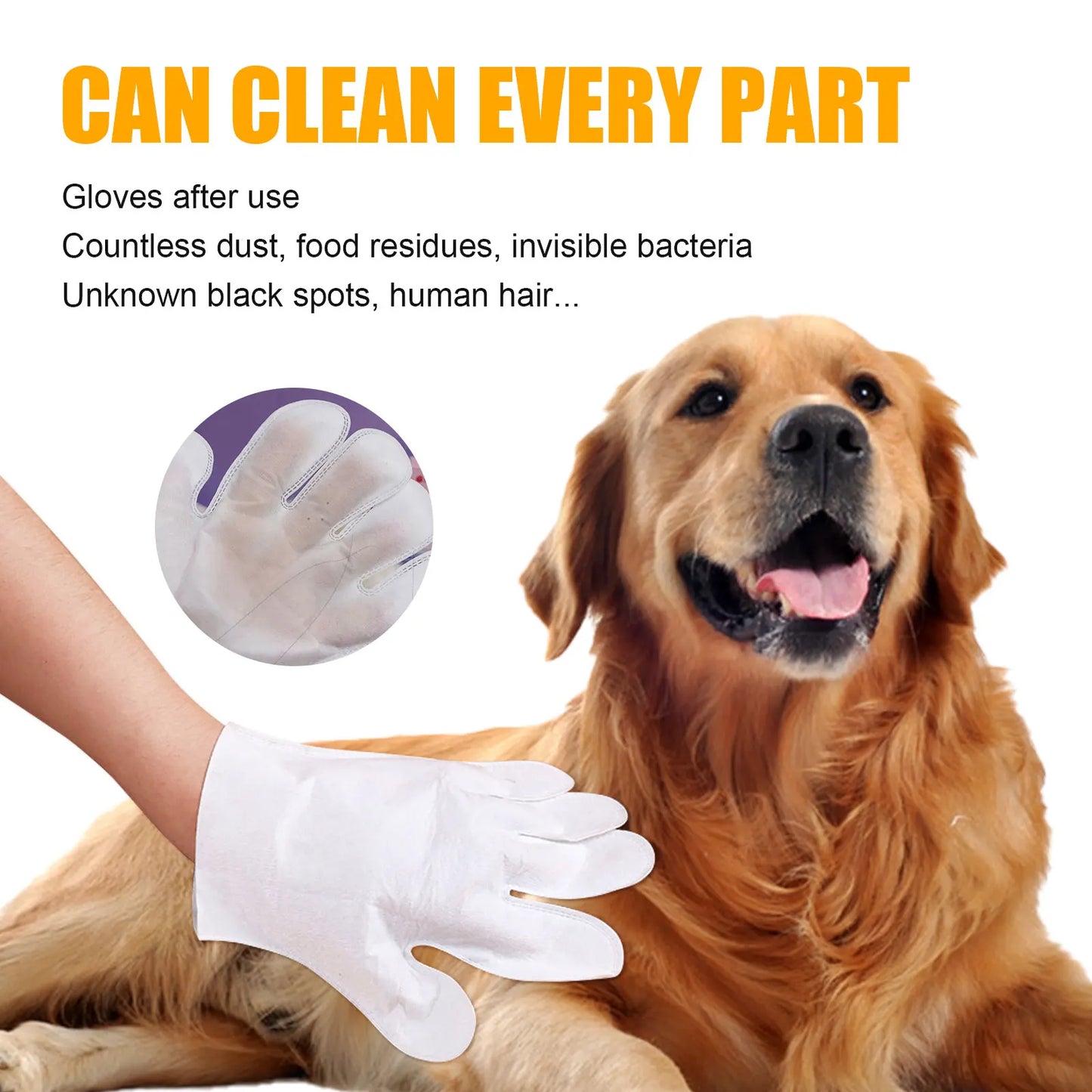 Pettechhair white grooming glove brushing golden retriever removing loose fur and debris