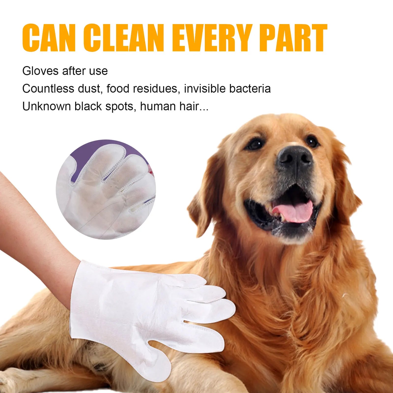 Pettechhair white grooming glove brushing golden retriever removing loose fur and debris