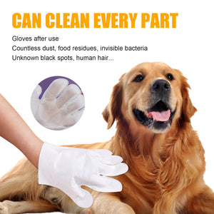 Pettechhair white grooming glove brushing golden retriever removing loose fur and debris