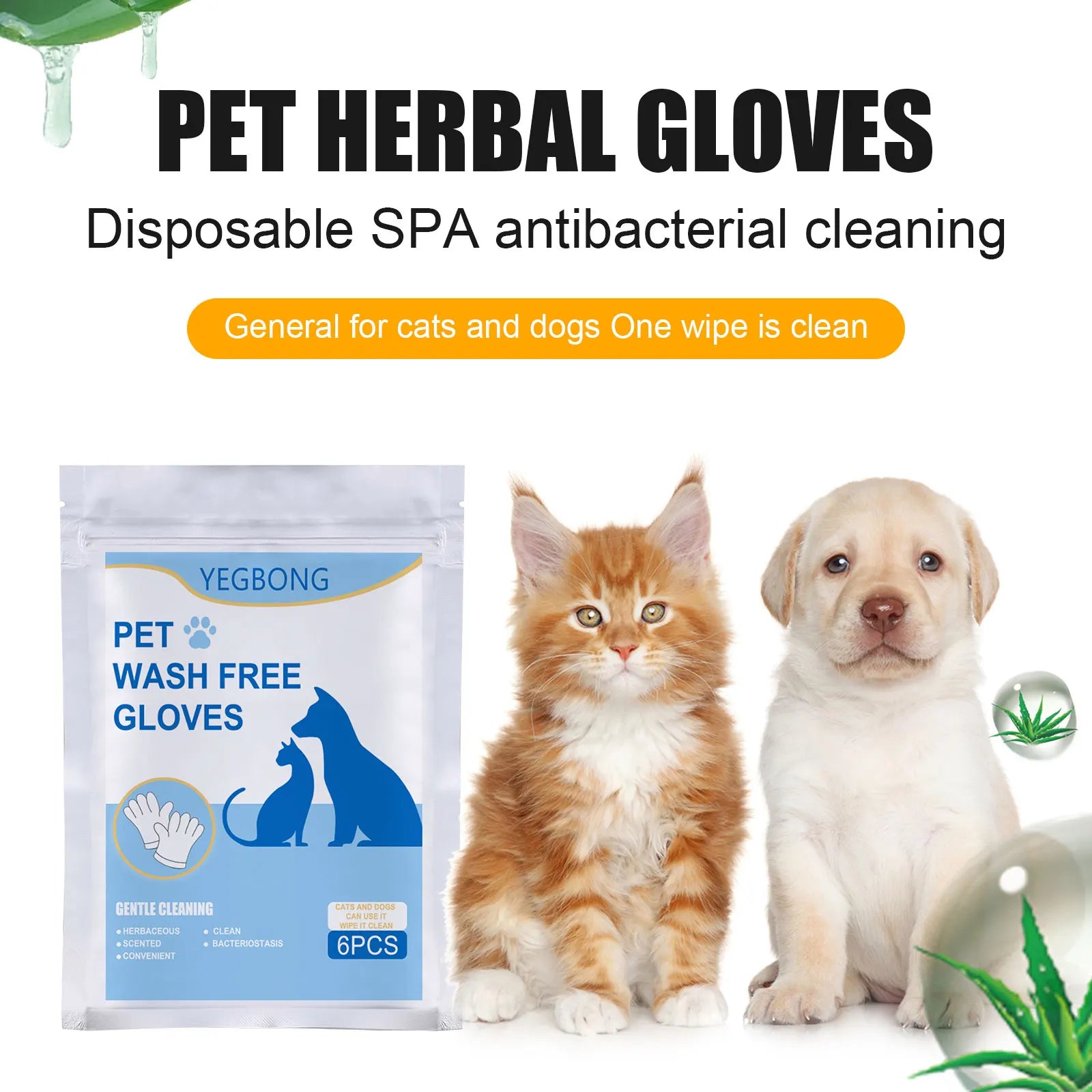 Pet herbal gloves disposable antibacterial wash free gloves pack beside kitten and puppy for gentle cleaning