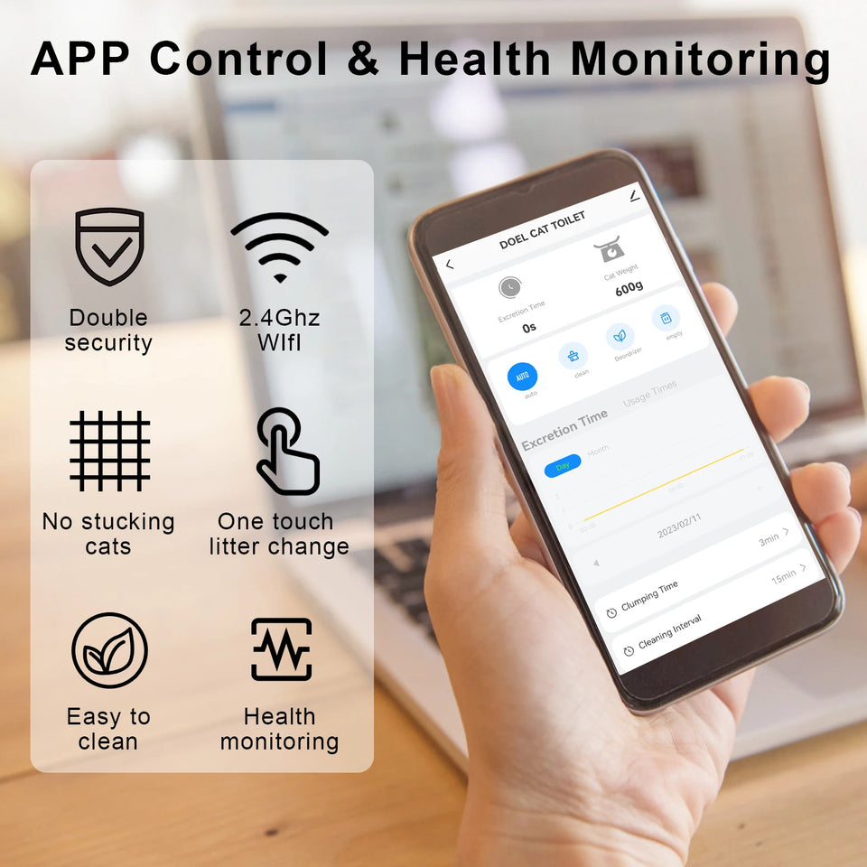 pettechhair smart cat litter app on phone showing WiFi control health monitoring and one touch cleaning