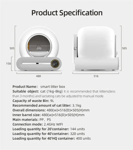 pettechhair smart litter box product specification diagram showing dimensions 480x516x505 mm capacity 9L and features