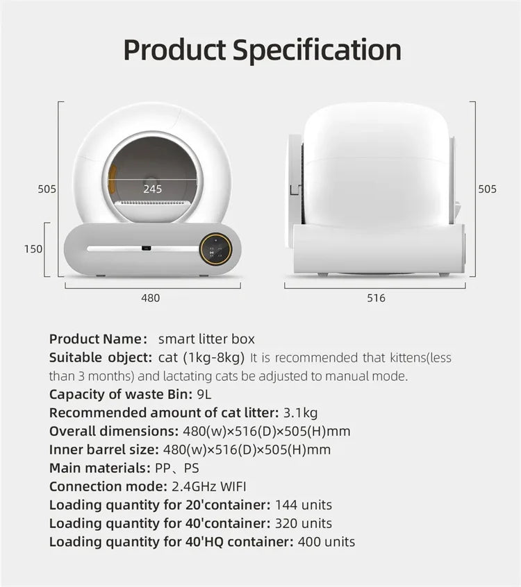pettechhair smart litter box product specification diagram showing dimensions 480x516x505 mm capacity 9L and features