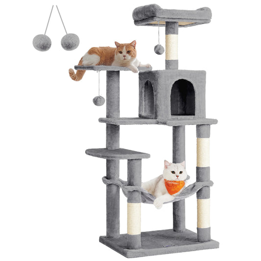 Multi-level FEANDREA 56.3 inch cat tree tower with hammock, cave, plush perches, and four sisal scratching posts for indoor cats