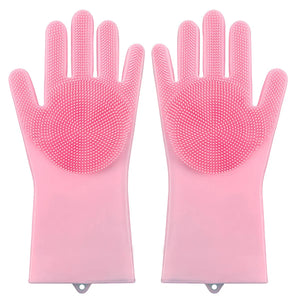Pettechhair pink silicone pet grooming gloves pair with soft bristles for deshedding bathing dogs and cats