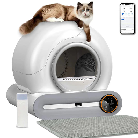 Self-cleaning cat litter box with app control – white, modern design, large capacity.