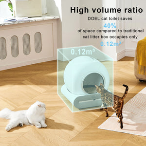 pettechhair compact enclosed cat litter box on hardwood floor with one cat entering and another cat lounging