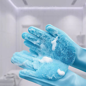 Pettechhair blue silicone pet grooming gloves with soft bristles and soap foam for bathing dogs and cats