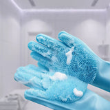 Pettechhair blue silicone pet grooming gloves with soft bristles and soap foam for bathing dogs and cats