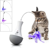 pettechhair electronic interactive cat toy with white gray base and purple feather wand being played by kitten