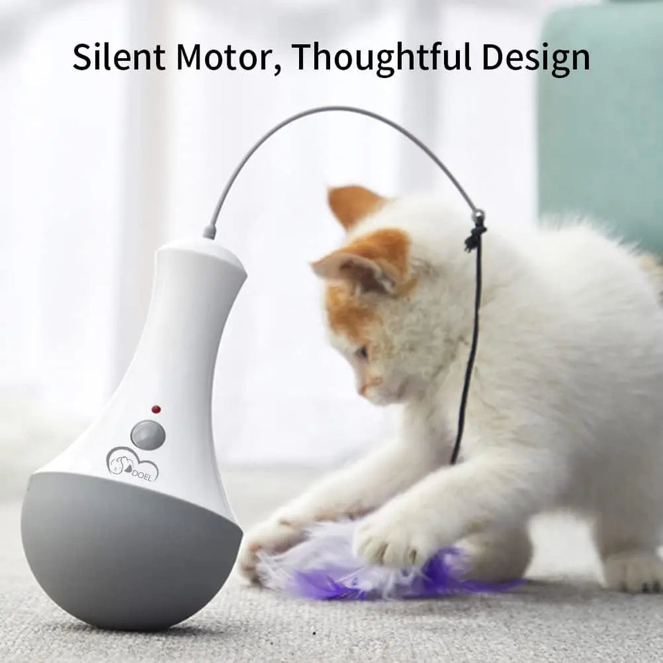 pettechhair automatic silent cat toy with gray base and feather wand and kitten playing