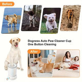 pettechhair Dogness Auto Paw Cleaner Cup showing dogs before and after one button paw cleaning