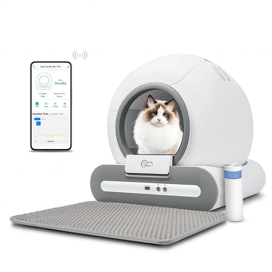 pettechhair smart automatic cat litter box white pod with a Ragdoll cat on mat waste cartridge and mobile app