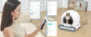 Pettechhair smart automatic cat litter box with app control showing woman using smartphone and cat inside