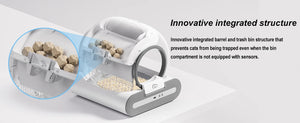 White automatic cat litter box with integrated barrel and trash bin preventing cat entrapment