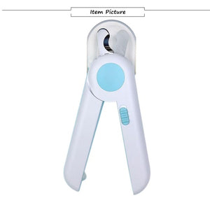 White and blue ergonomic dog nail clipper with safety guard and stainless steel blade for trimming