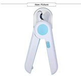 White and blue ergonomic dog nail clipper with safety guard and stainless steel blade for trimming