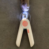 pettechhair dog nail trimmer with LED light and safety guard shown near a dog paw