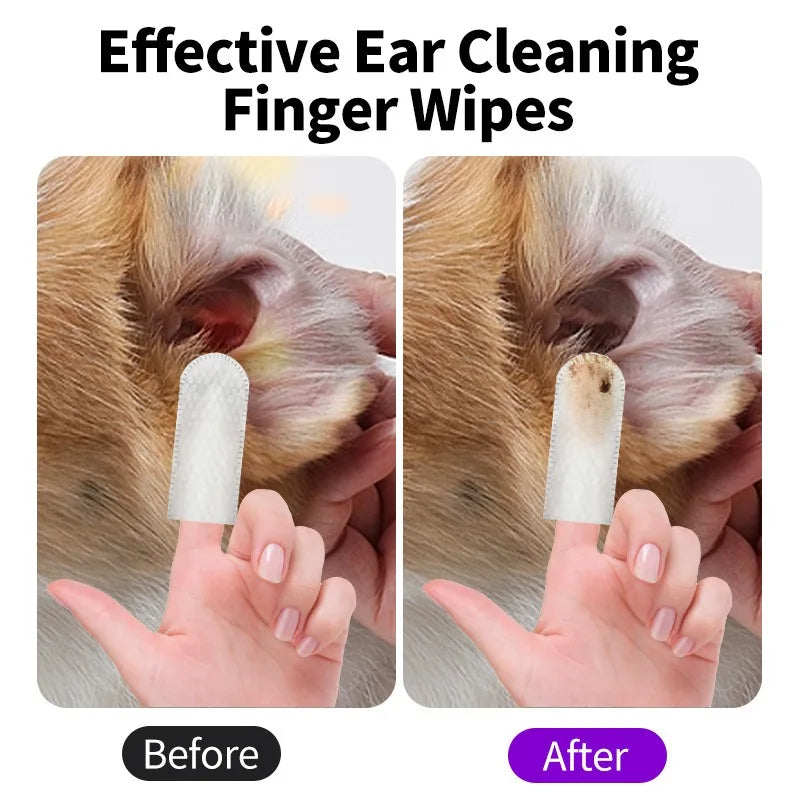 Before and after dog ear cleaned with ear cleaning finger wipes on a human finger showing dirt removed