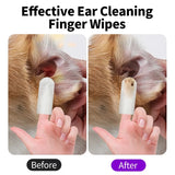 Before and after dog ear cleaned with ear cleaning finger wipes on a human finger showing dirt removed
