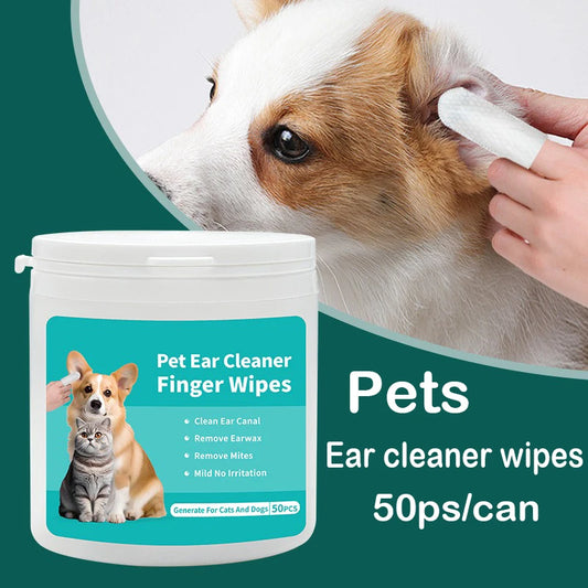 Pet ear cleaner wipes for dogs and cats finger wipes in 50 count tub cleans ear canal removes earwax