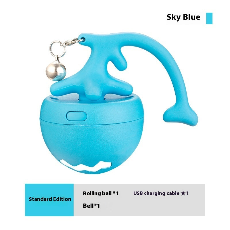 Sky blue USB rechargeable cat toy rolling ball with dangling bell and handle by pettechhair