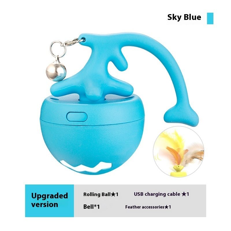 Sky blue pettechhair electronic cat toy with rolling ball bell USB charging and feather teaser