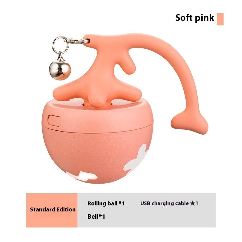 Cat soft pink USB rechargeable rolling ball toy with bell and flexible tail for interactive play