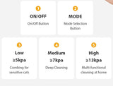 pettechhair 5-in-1 pet grooming tool control panel showing On Off Mode and Low Medium High suction settings
