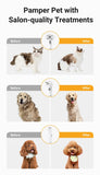 Before and after grooming shots of cats and dogs using pettechhair 5-in-1 pet grooming tool for salon quality results