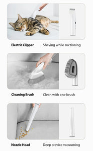 White 5-in-1 pet grooming tool with electric clipper that suctions, cleaning brush, and nozzle for deep crevice vacuuming cat fur