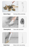 White 5-in-1 pet grooming tool with electric clipper that suctions, cleaning brush, and nozzle for deep crevice vacuuming cat fur