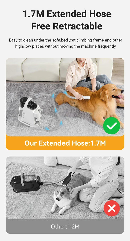 pettechhair 5-in-1 pet grooming tool vacuum with 1.7M retractable hose used to groom golden retriever on carpet