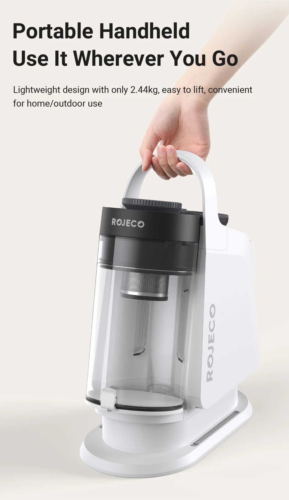 Portable handheld ROJECO pet vacuum with handle and clear dust cup on base, 5-in-1 pet grooming tool