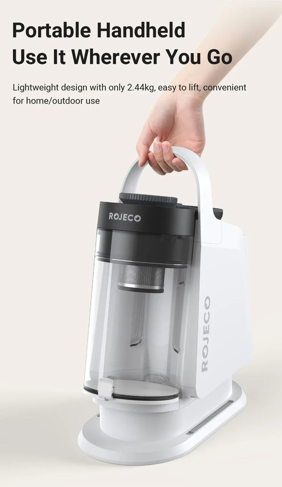 Portable handheld ROJECO pet vacuum with handle and clear dust cup on base, 5-in-1 pet grooming tool