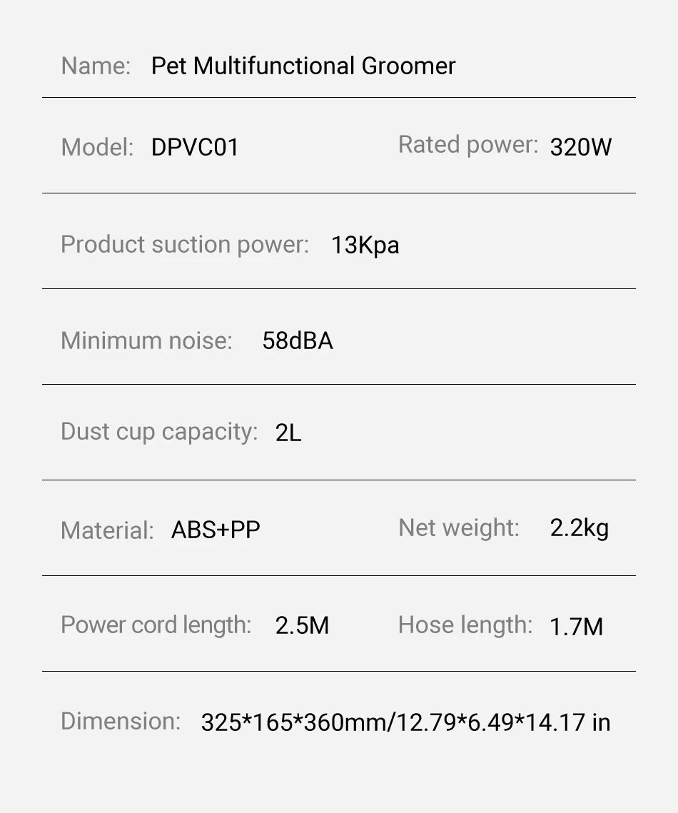 pettechhair 5-in-1 pet grooming tool specification sheet showing model DPVC01 320W 13Kpa suction 2L dust cup 2.2kg