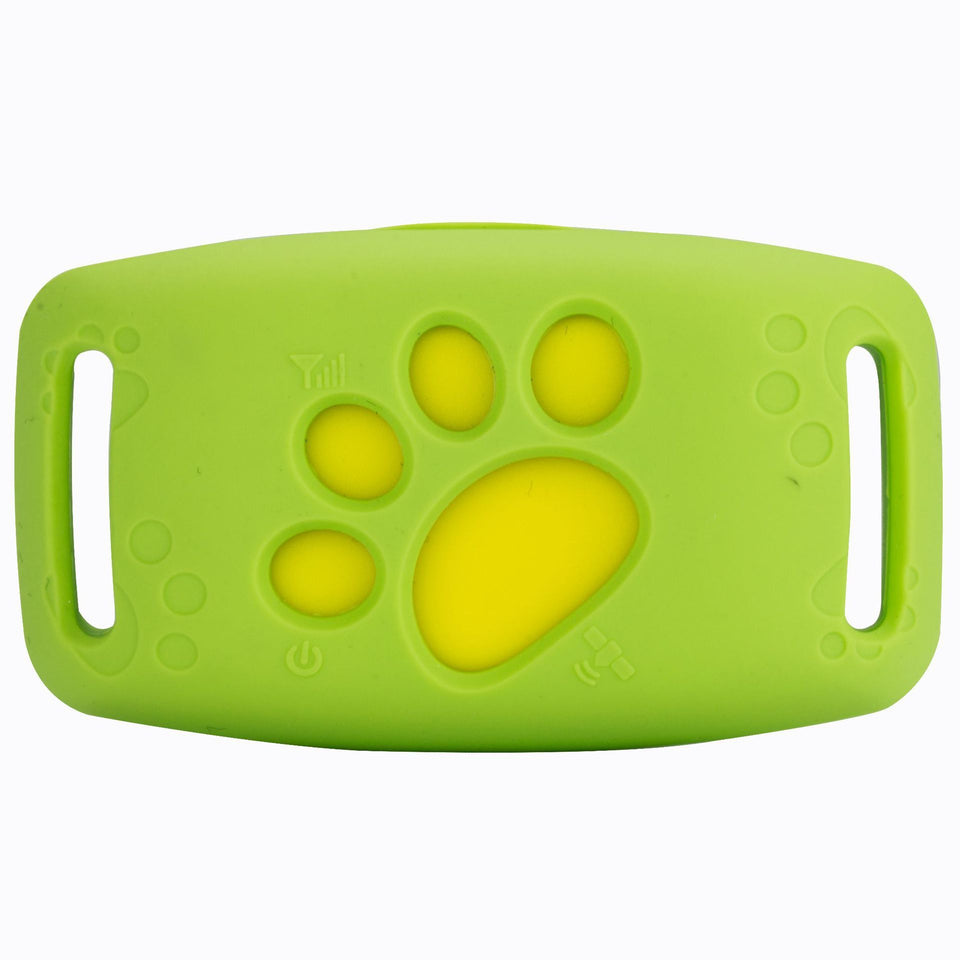 Green silicone dog collar tracker cover with paw print window and dual strap openings for secure fit