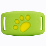 Green silicone dog collar tracker cover with paw print window and dual strap openings for secure fit